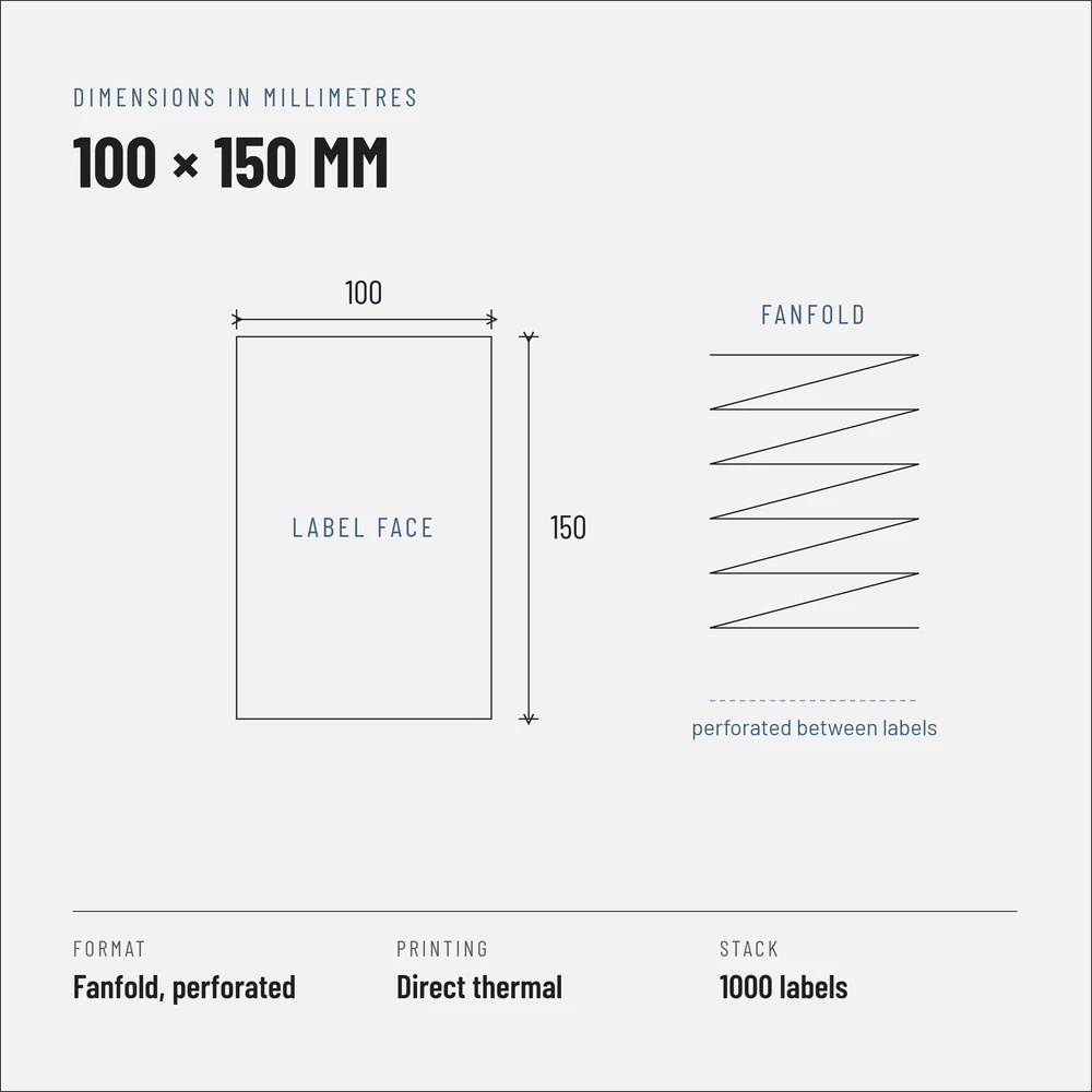 Riven Supply Terminės etiketės 100×150 mm, fanfold, 1000 vnt.