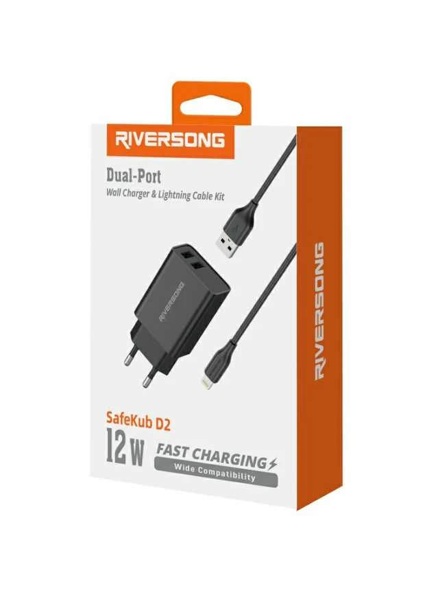 Riversong laidinis įkroviklis SafeKub D2 2x USB 12W juodas + kabelis USB - Lightning AD29 + CL85
