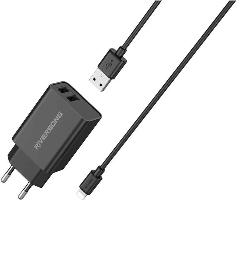 Riversong laidinis įkroviklis SafeKub D2 2x USB 12W juodas + kabelis USB - Lightning AD29 + CL85