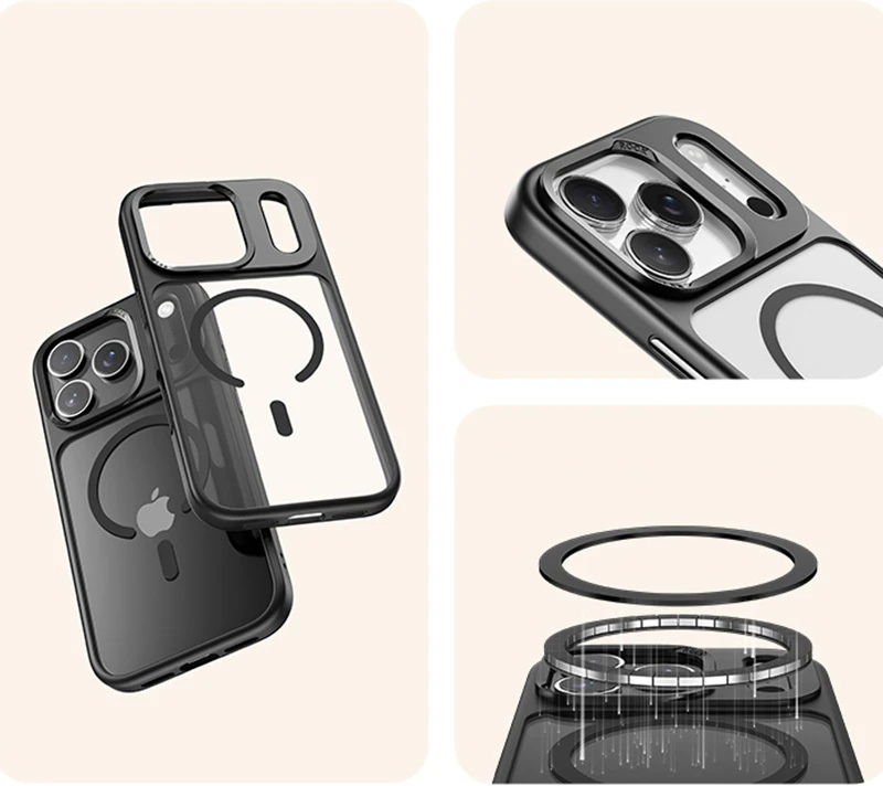 Rock Guard Lens Protection Series Magnetic dėklas skirtas Apple iPhone 17 skaidrus-juodos spalvos