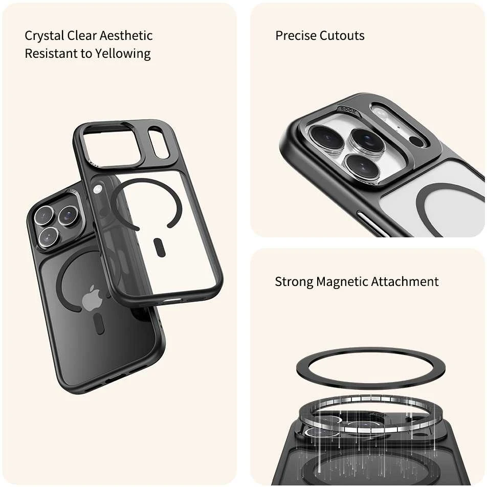 Rock Guard Series Magnetic dėklas skirtas iPhone 17 Pro skaidrus-juodos spalvos