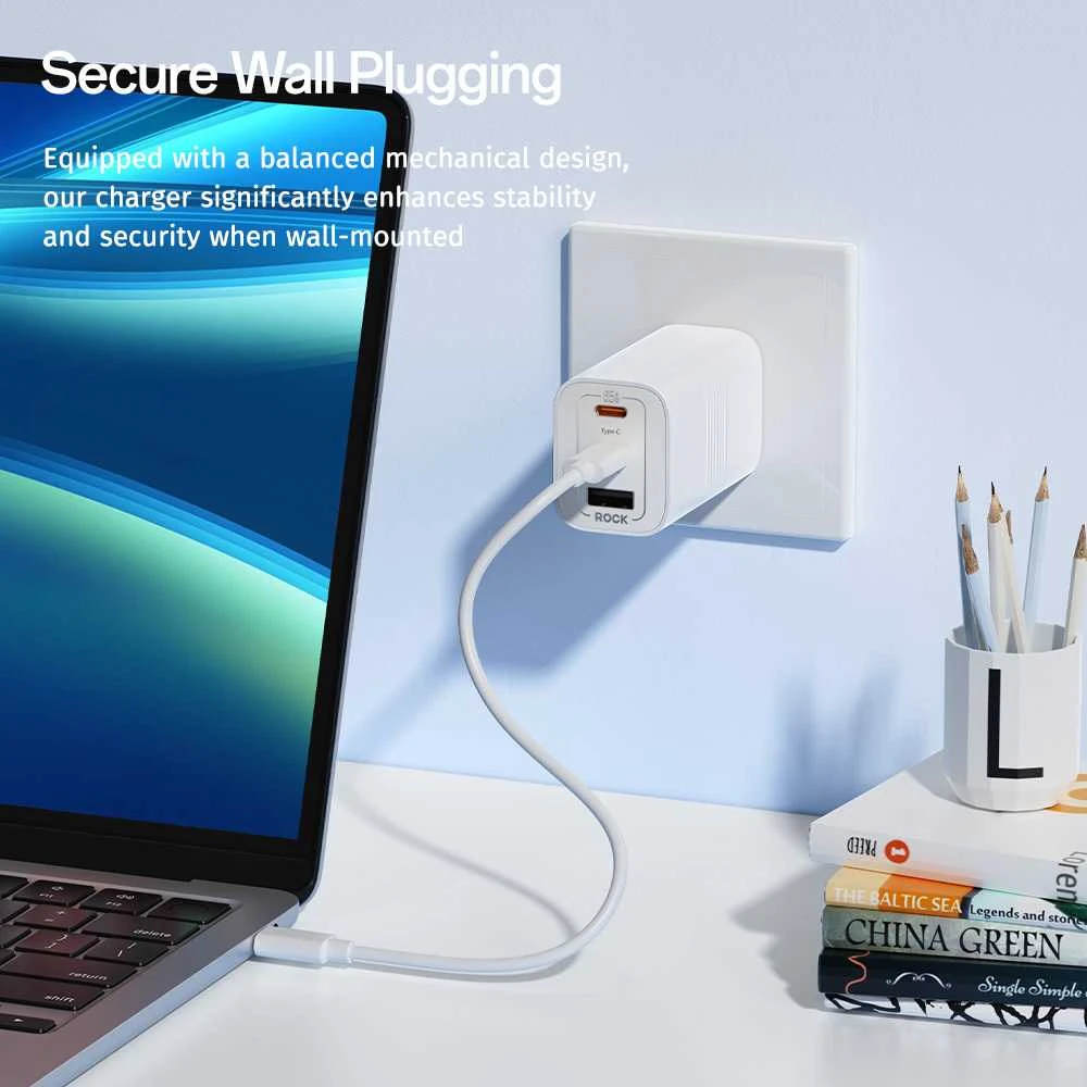 Rock laidinis įkroviklis Ice2Cube GaN – USB + 2xType C – PD 65W 3A baltos spalvos
