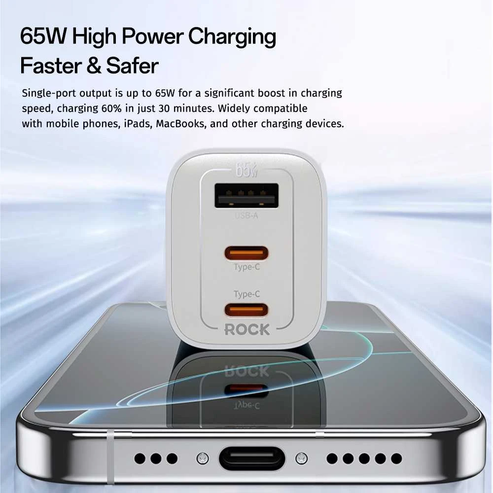 Rock laidinis įkroviklis Ice2Cube GaN – USB + 2xType C – PD 65W 3A baltos spalvos