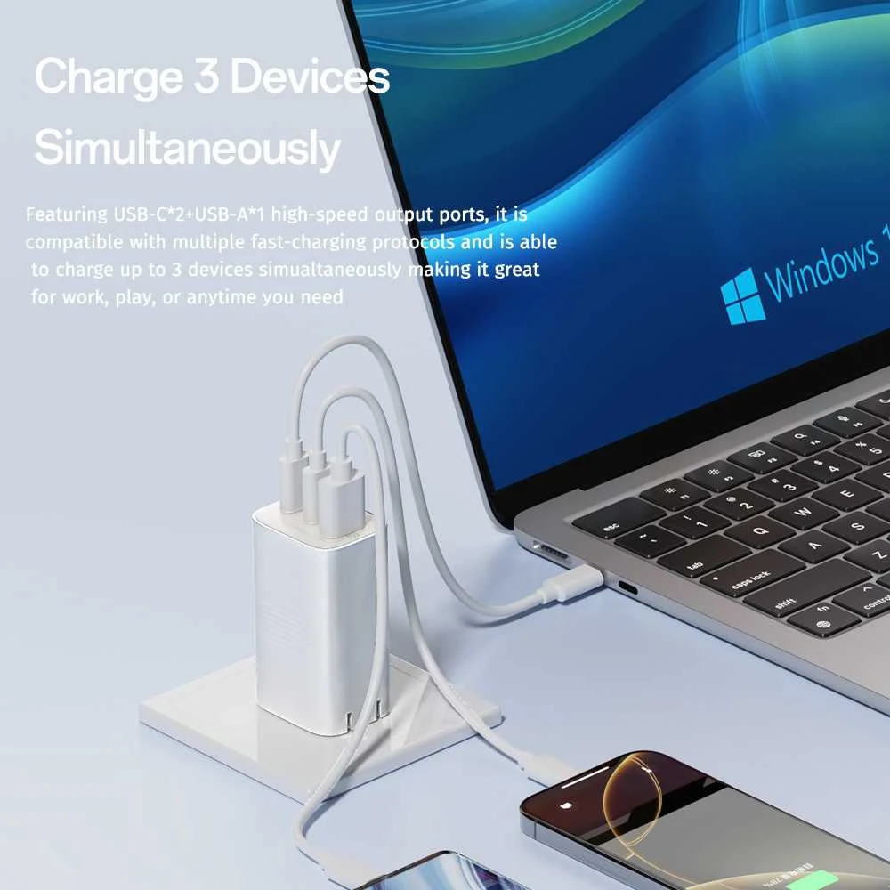 Rock laidinis įkroviklis Ice2Cube GaN – USB + 2xType C – PD 65W 3A baltos spalvos
