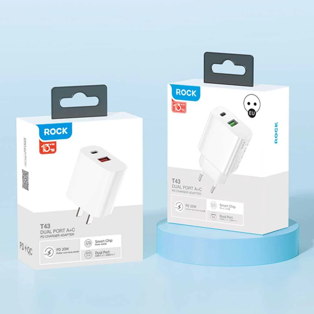 Rock laidinis įkroviklis T43 – USB + Type C – QC 3.0 PD 20W 3A baltos spalvos