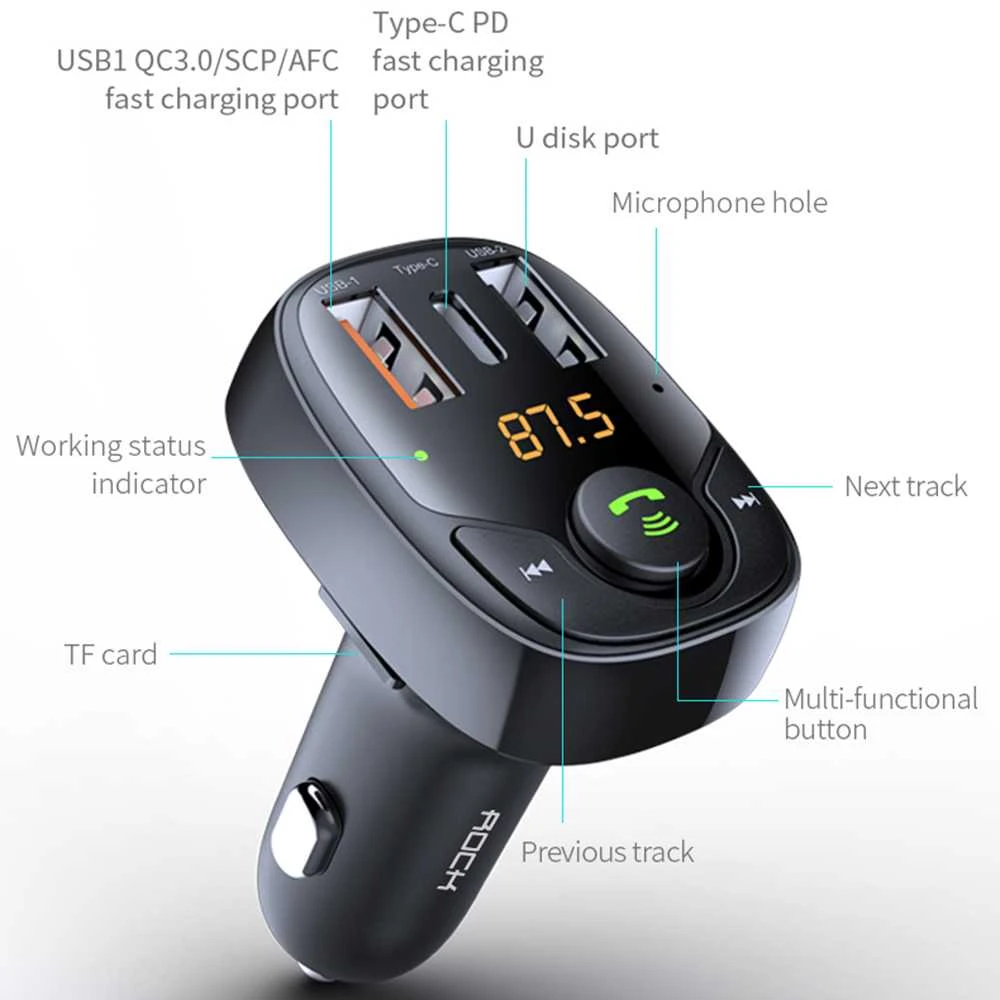 Oem Rock Transmiter FM B301 MP3, Bluetooth – 2xUSB + Type C + micro SD – 36W juodos spalvos