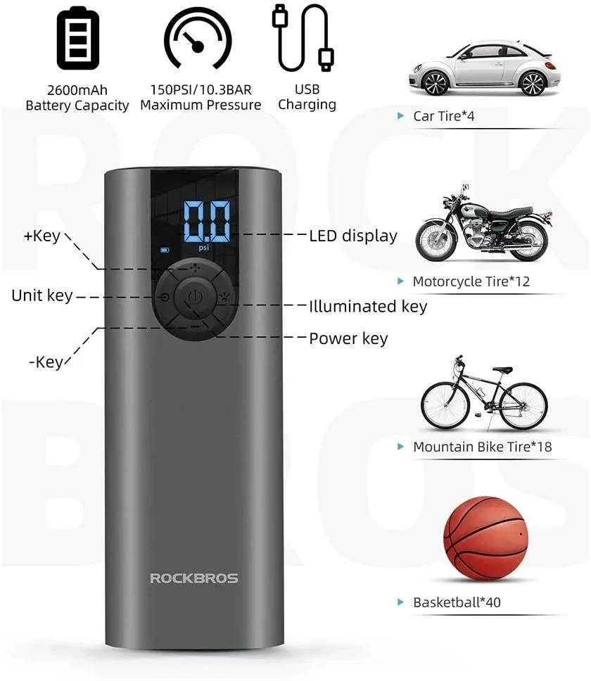 Rockbros 42720001001 Electric Bike Pump with LED Ekranas + USB-C – USB-A Cable – juodos spalvos