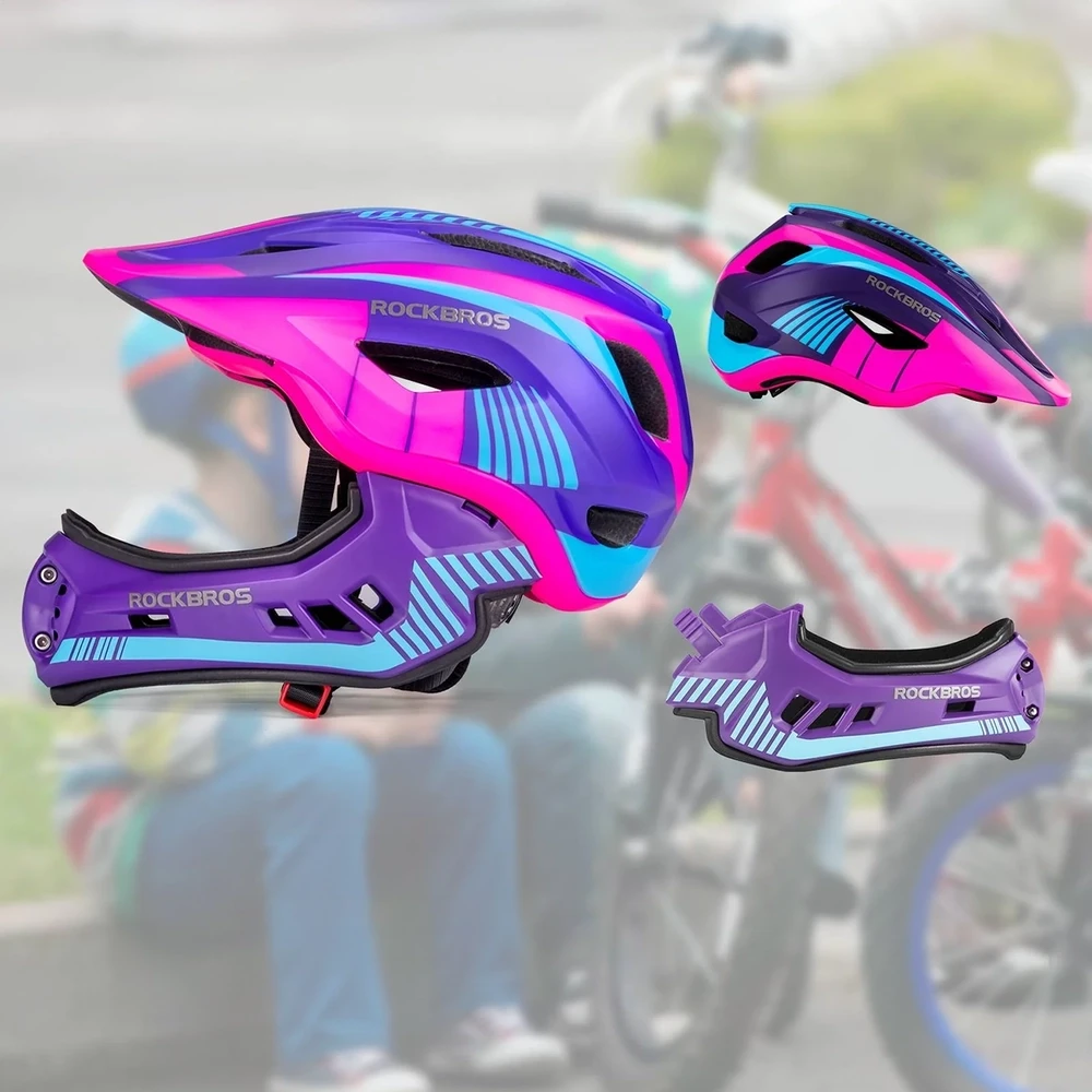 Rockbros TT-32SBPP-M vaikiškas dviračio šalmas su nuimamu smakro apsauga, dydis M – violetinė-rožinė