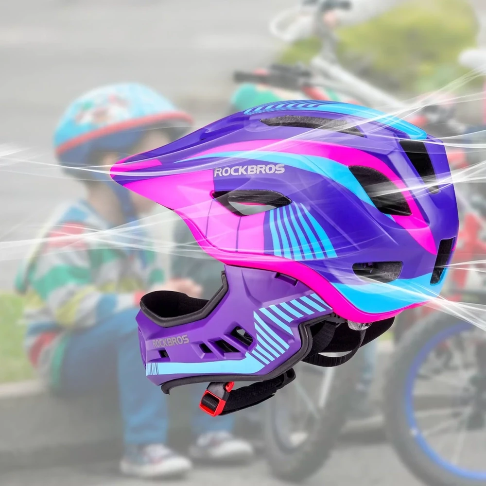 Rockbros TT-32SBPP-M vaikiškas dviračio šalmas su nuimamu smakro apsauga, dydis M – violetinė-rožinė