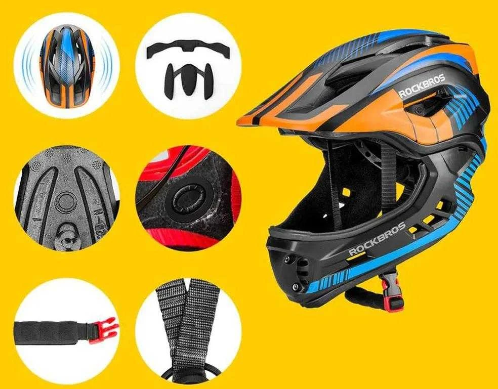 Rockbros TT-32SOBL-S vaikiškas dviračio šalmas su nuimamu smakro apsaugos lankeliu, dydis S – juodas ir oranžinis