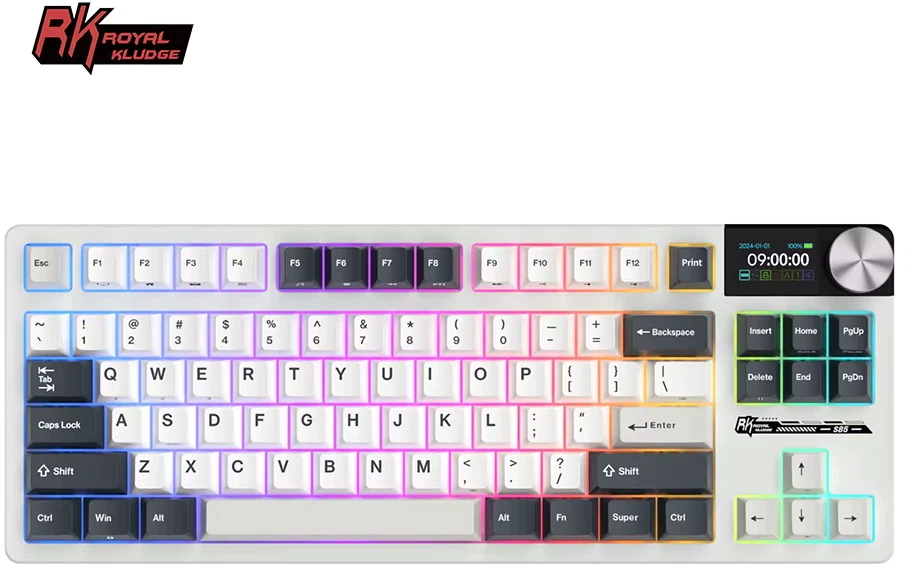 Royal Kludge S85 RGB Baltas Night belaidė klaviatūra | 80% TKL, Hot-swap, Cloud switches, US