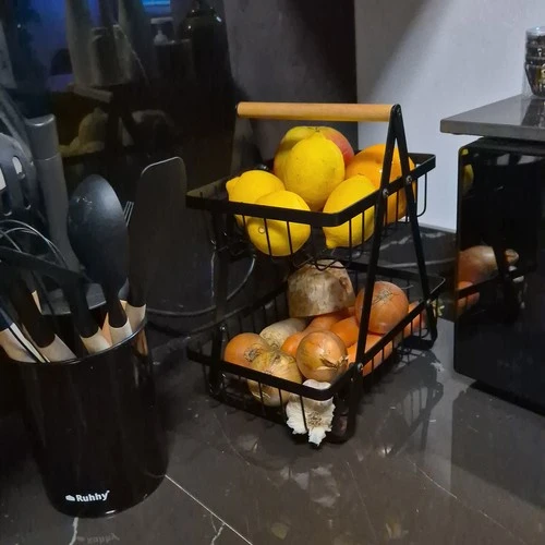 Juodo metalo dviejų pakopų vaisių/daržovių krepšelis Ruhhy 24265