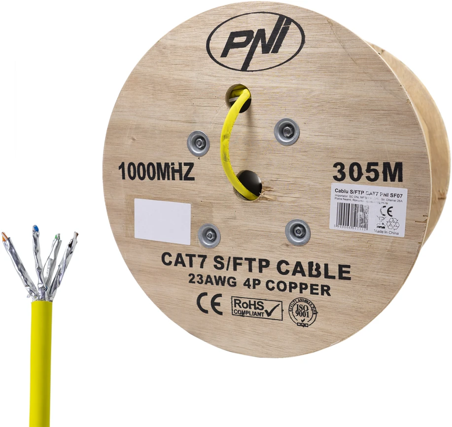 S/FTP CAT7 PNI SF07 kabelis, 10Gbps, 1000MHz, internetui ir stebėjimo sistemoms, 305m ritė, varinis