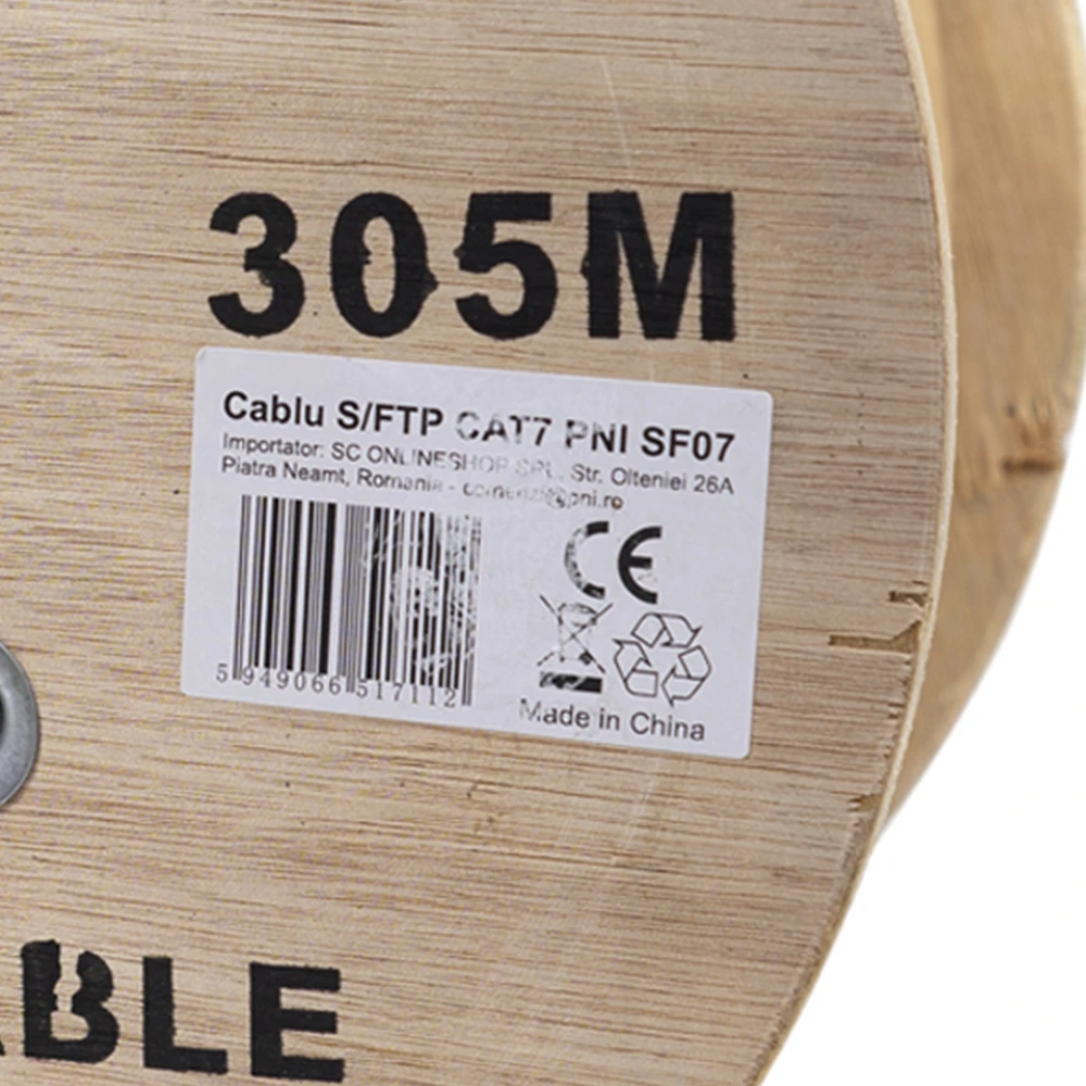S/FTP CAT7 PNI SF07 kabelis, 10Gbps, 1000MHz, internetui ir stebėjimo sistemoms, 305m ritė, varinis