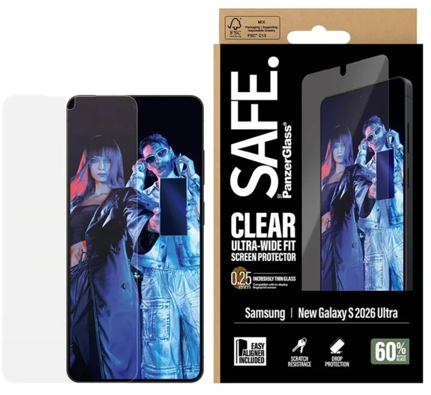 Panzer Glass SAFE by PanzerGlass Ultra-Wide Fit ekrano apsauga su aplikatoriumi, skirta Samsung Galaxy S26 Ultra