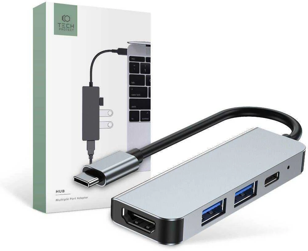 Šakotuvas 4in1 USB HUB USB-C to 2xUSB + HDMi + USB-C Adapteris Tech-Protect V2-HUB pilkos spalvos
