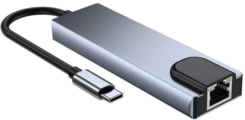 Šakotuvas 5in1 USB HUB USB-C to 2xUSB + HDMi + USB-C + LAN RJ45 Adapteris Tech-Protect V3-HUB pilkos spalvos