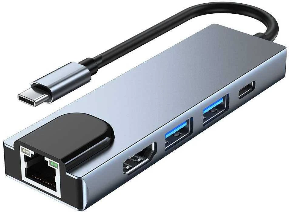 Šakotuvas 5in1 USB HUB USB-C to 2xUSB + HDMi + USB-C + LAN RJ45 Adapteris Tech-Protect V3-HUB pilkos spalvos