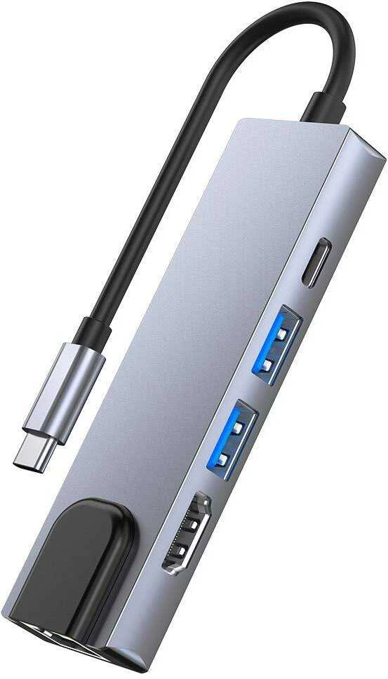 Šakotuvas 5in1 USB HUB USB-C to 2xUSB + HDMi + USB-C + LAN RJ45 Adapteris Tech-Protect V3-HUB pilkos spalvos