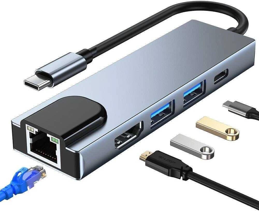 Šakotuvas 5in1 USB HUB USB-C to 2xUSB + HDMi + USB-C + LAN RJ45 Adapteris Tech-Protect V3-HUB pilkos spalvos