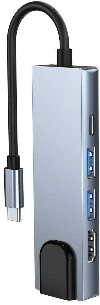 Šakotuvas 5in1 USB HUB USB-C to 2xUSB + HDMi + USB-C + LAN RJ45 Adapteris Tech-Protect V3-HUB pilkos spalvos