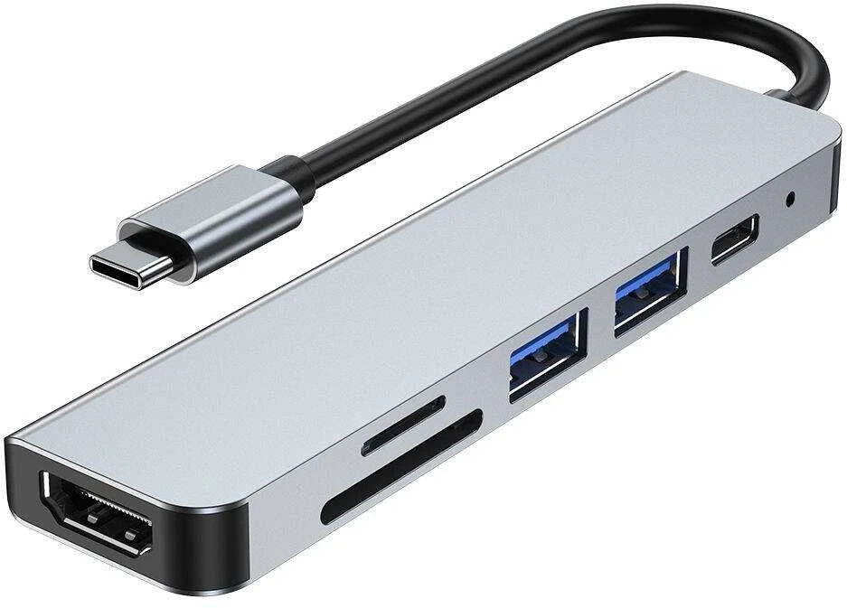 Šakotuvas 6in1 USB HUB USB-C to 2xUSB + HDMi + USB-C + SD Card Reader + micro SD Adapteris Tech-Protect V4-HUB pilkos spalvos