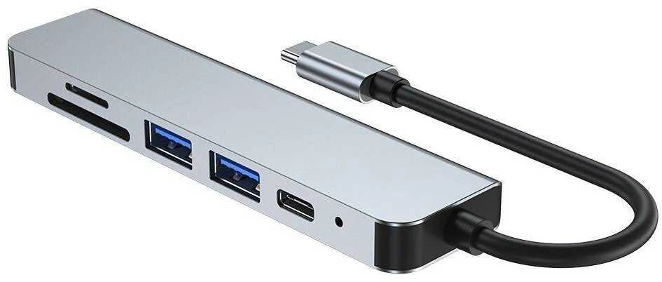 Šakotuvas 6in1 USB HUB USB-C to 2xUSB + HDMi + USB-C + SD Card Reader + micro SD Adapteris Tech-Protect V4-HUB pilkos spalvos