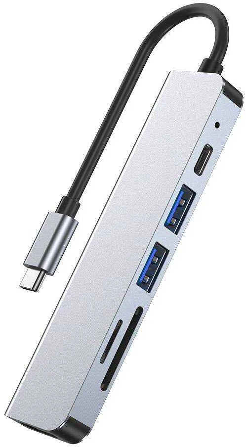 Šakotuvas 6in1 USB HUB USB-C to 2xUSB + HDMi + USB-C + SD Card Reader + micro SD Adapteris Tech-Protect V4-HUB pilkos spalvos