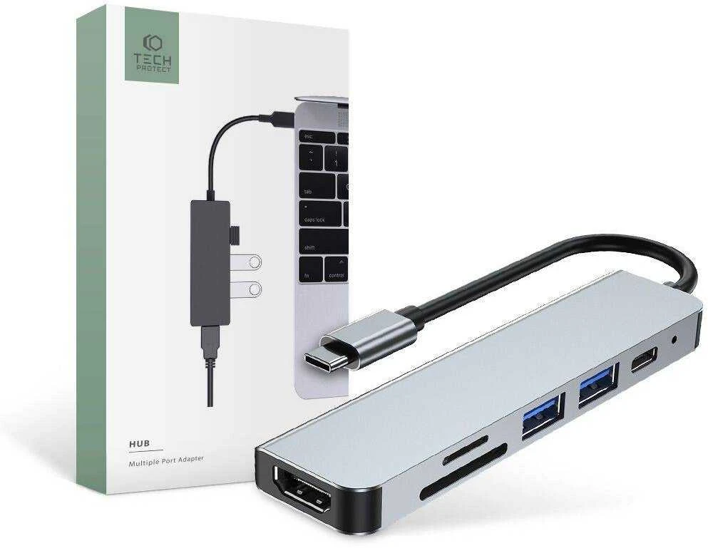 Šakotuvas 6in1 USB HUB USB-C to 2xUSB + HDMi + USB-C + SD Card Reader + micro SD Adapteris Tech-Protect V4-HUB pilkos spalvos