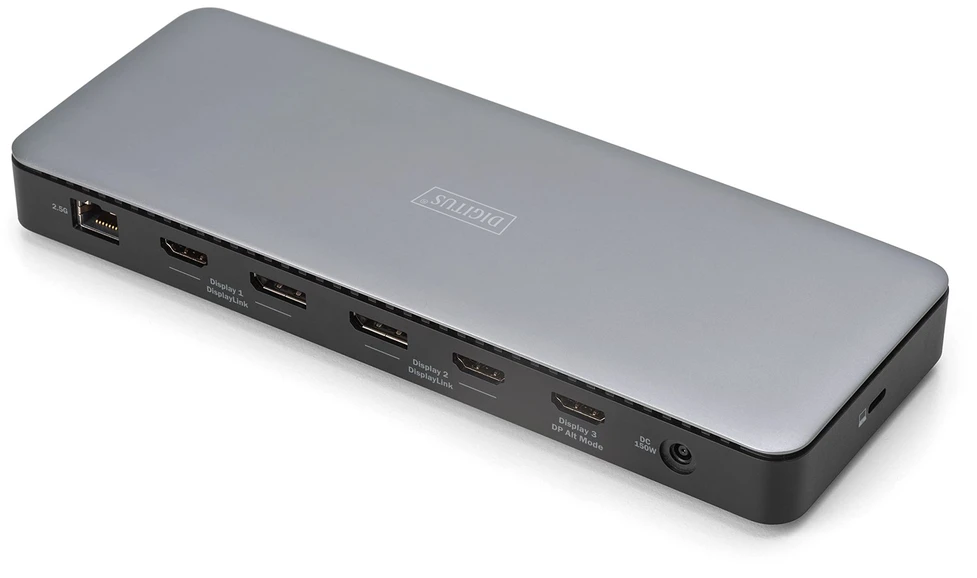 ASA Digitus DA-70918 knyginių kompiuterių dokas / jungčių replikatorius Vielinis USB 3.2 Gen 2 (3.1 Gen 2) Type-C Juoda, Pilka