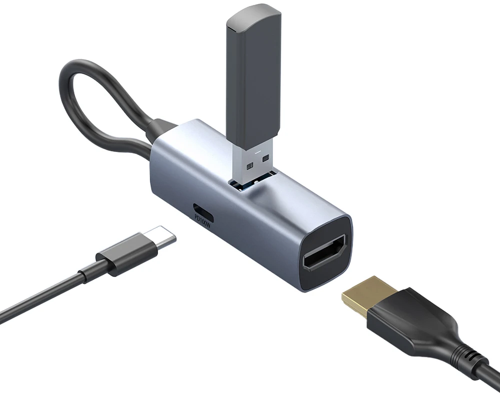 Nezatříděno Kabeliai Mobilusis „Origin 3in1 CompactHub HB1“ – USB-A, USB-C, HDMI, USB-C kabelis