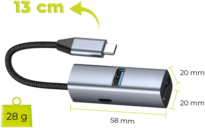 Nezatříděno Kabeliai Mobilusis „Origin 3in1 CompactHub HB1“ – USB-A, USB-C, HDMI, USB-C kabelis