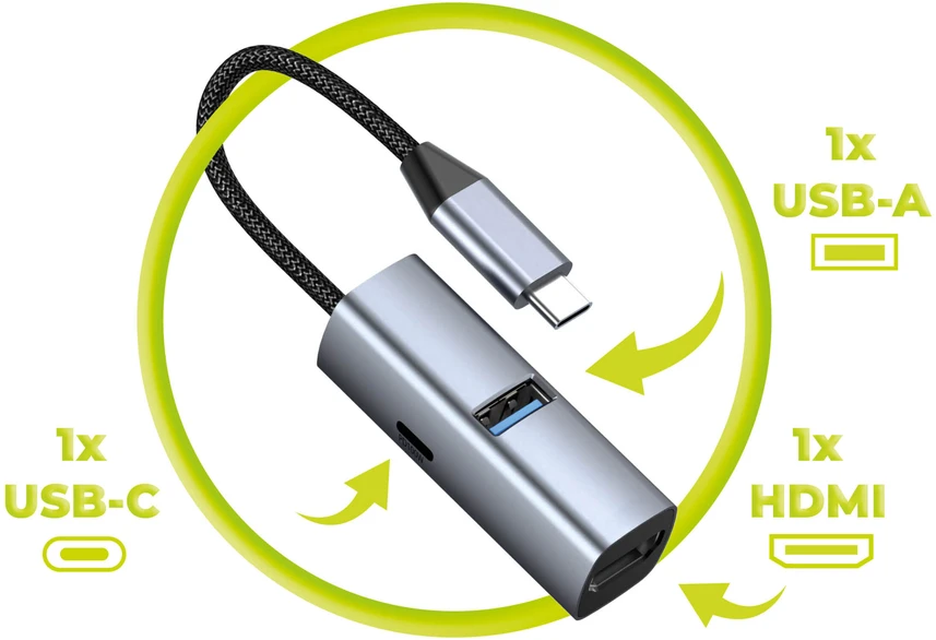 Nezatříděno Kabeliai Mobilusis „Origin 3in1 CompactHub HB1“ – USB-A, USB-C, HDMI, USB-C kabelis