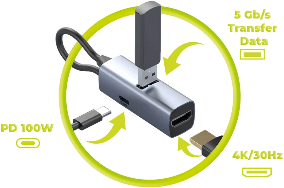 Nezatříděno Kabeliai Mobilusis „Origin 3in1 CompactHub HB1“ – USB-A, USB-C, HDMI, USB-C kabelis
