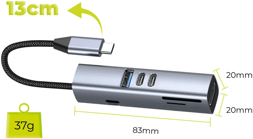 Šakotuvas Mobile Origin Kabeliai Mobilusis „Origin 7in1 MultiHub HB2“ – 3x USB-C, USB-A, HDMI, TF/SD kortelių, USB-C kabelis