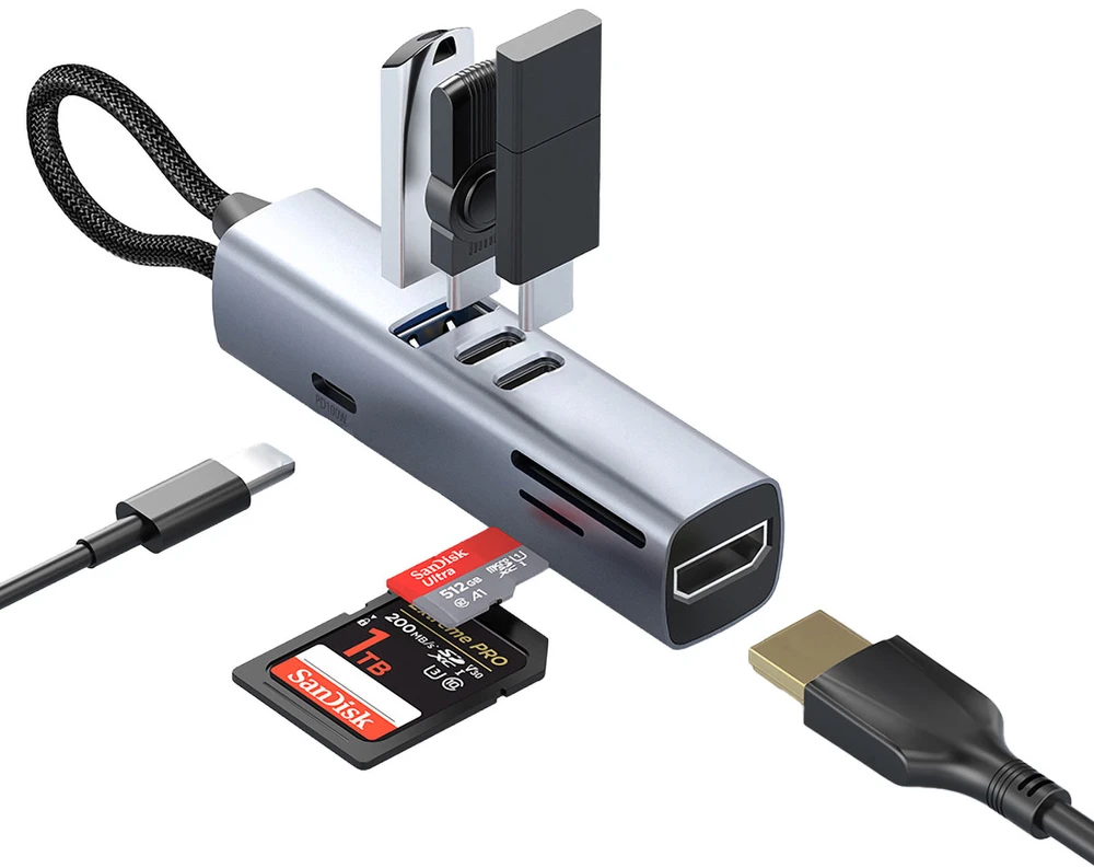 Šakotuvas Mobile Origin Kabeliai Mobilusis „Origin 7in1 MultiHub HB2“ – 3x USB-C, USB-A, HDMI, TF/SD kortelių, USB-C kabelis