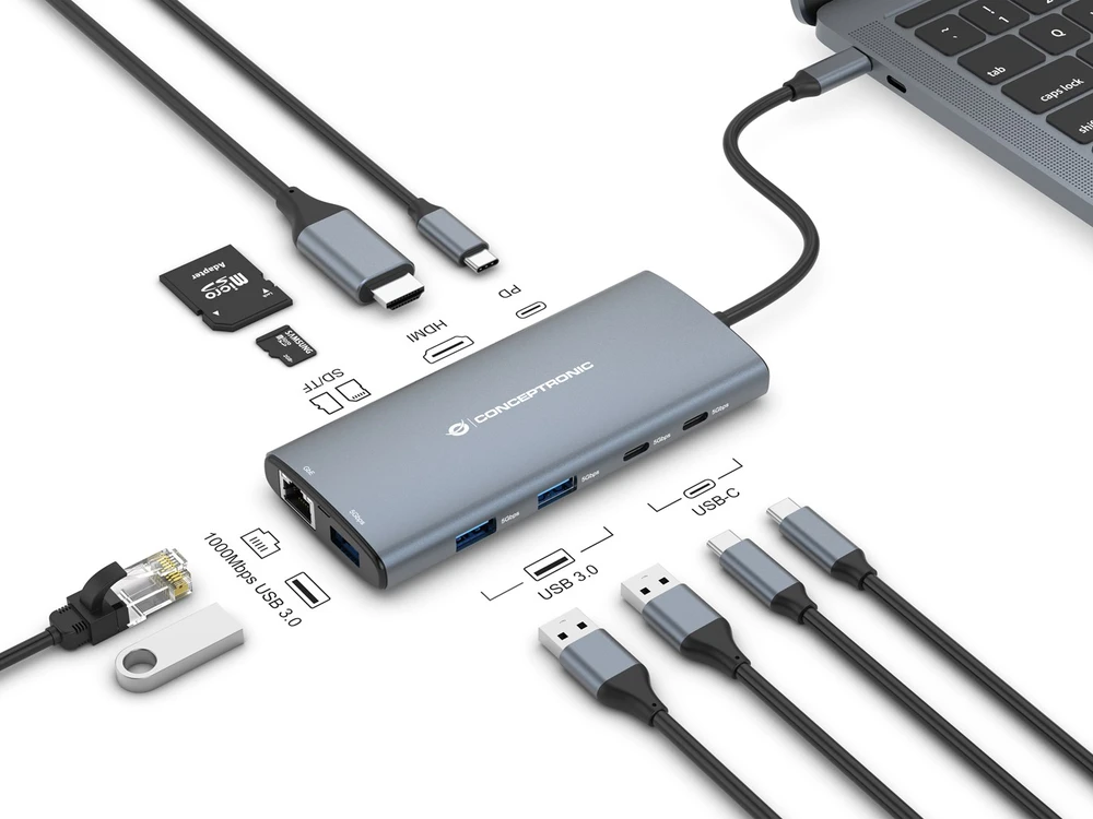 Carruzzo Conceptronic DONN06G knyginių kompiuterių dokas / jungčių replikatorius Vielinis USB 3.2 Gen 1 (3.1 Gen 1) Type-C Pilka
