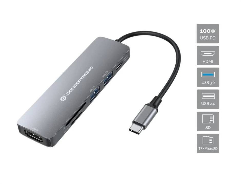 Carruzzo Conceptronic DONN11G knyginių kompiuterių dokas / jungčių replikatorius Vielinis USB 3.2 Gen 1 (3.1 Gen 1) Type-C Pilka