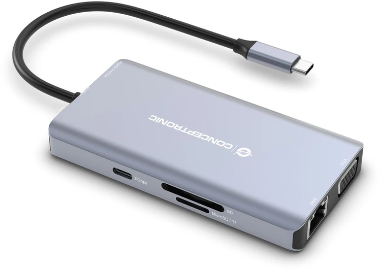 Carruzzo Conceptronic DONN20G knyginių kompiuterių dokas / jungčių replikatorius Vielinis USB 3.2 Gen 1 (3.1 Gen 1) Type-C Pilka