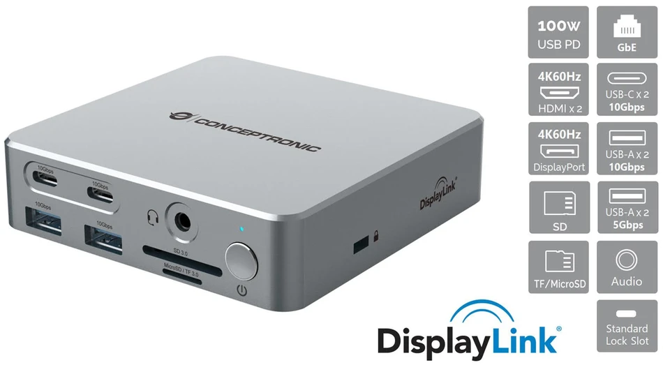 Carruzzo Conceptronic DONN25G knyginių kompiuterių dokas / jungčių replikatorius Vielinis USB 3.2 Gen 2 (3.1 Gen 2) Type-C Sidabras