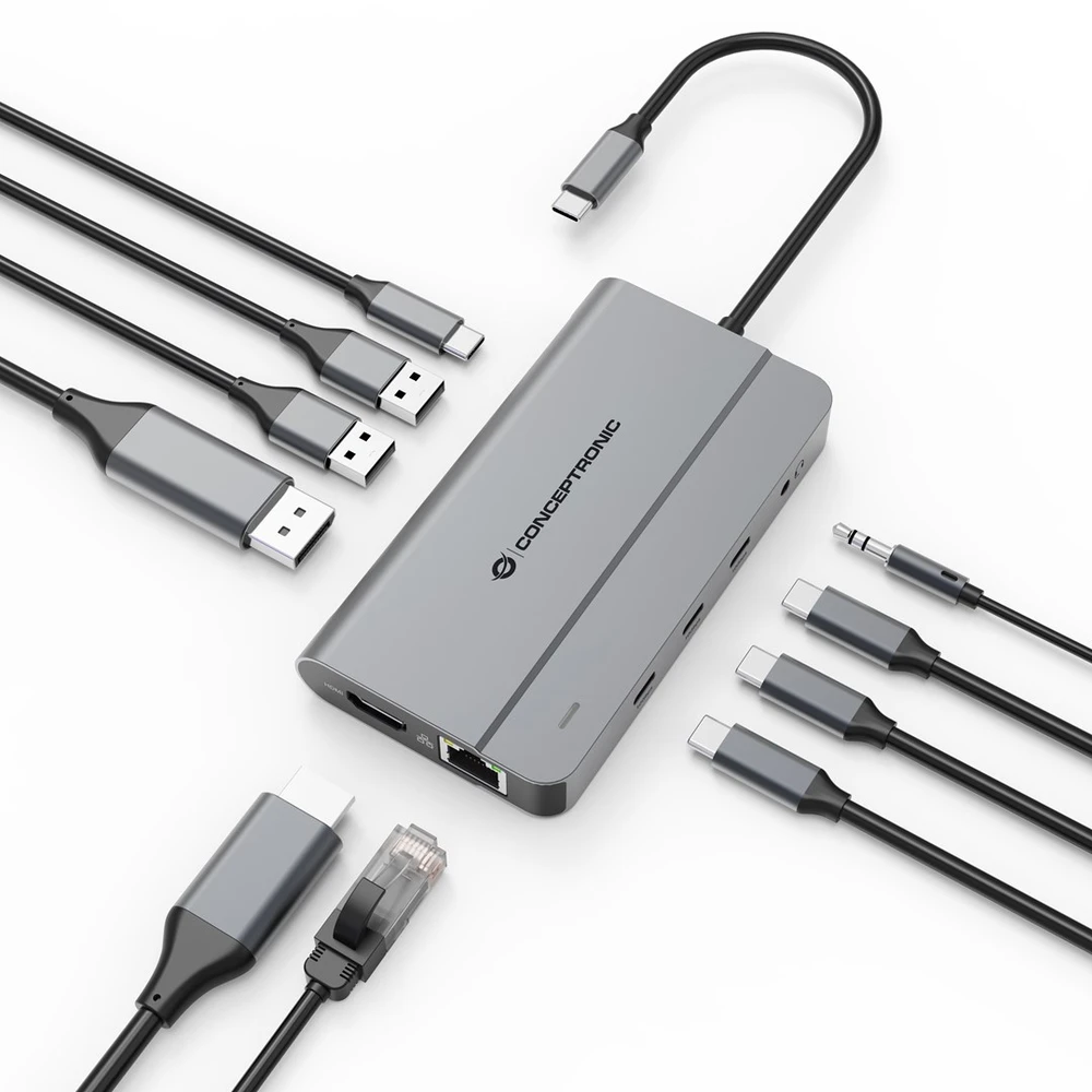Šakotuvas Carruzzo Conceptronic DONN34G knyginių kompiuterių dokas / jungčių replikatorius Vielinis USB 3.2 Gen 2 (3.1 Gen 2) Type-C Pilka