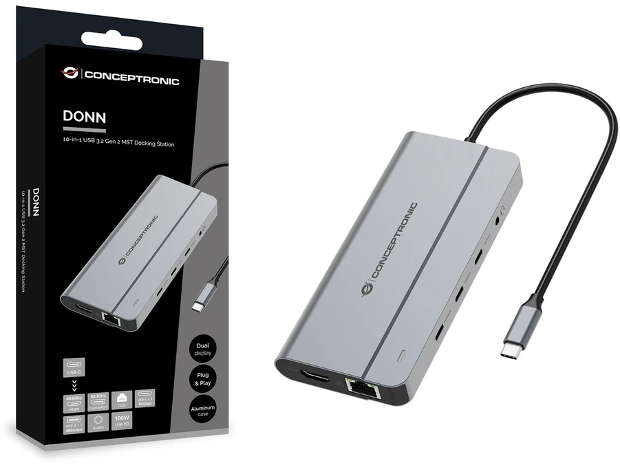Šakotuvas Carruzzo Conceptronic DONN34G knyginių kompiuterių dokas / jungčių replikatorius Vielinis USB 3.2 Gen 2 (3.1 Gen 2) Type-C Pilka