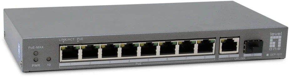 Šakotuvas Carruzzo LevelOne GEP-1011 tinklo komutatorius Ne-valdomas L2 Gigabit Ethernet (10/100/1000) Maitinimas per Eternetą (PoE) Stalinis / tvirtinamas prie sienos Pilka