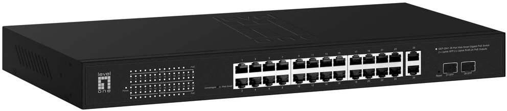 Šakotuvas Level One Carruzzo LevelOne GEP-2841 tinklo komutatorius Valdomas L2 Gigabit Ethernet (10/100/1000) Maitinimas per Eternetą (PoE) 1U Juoda