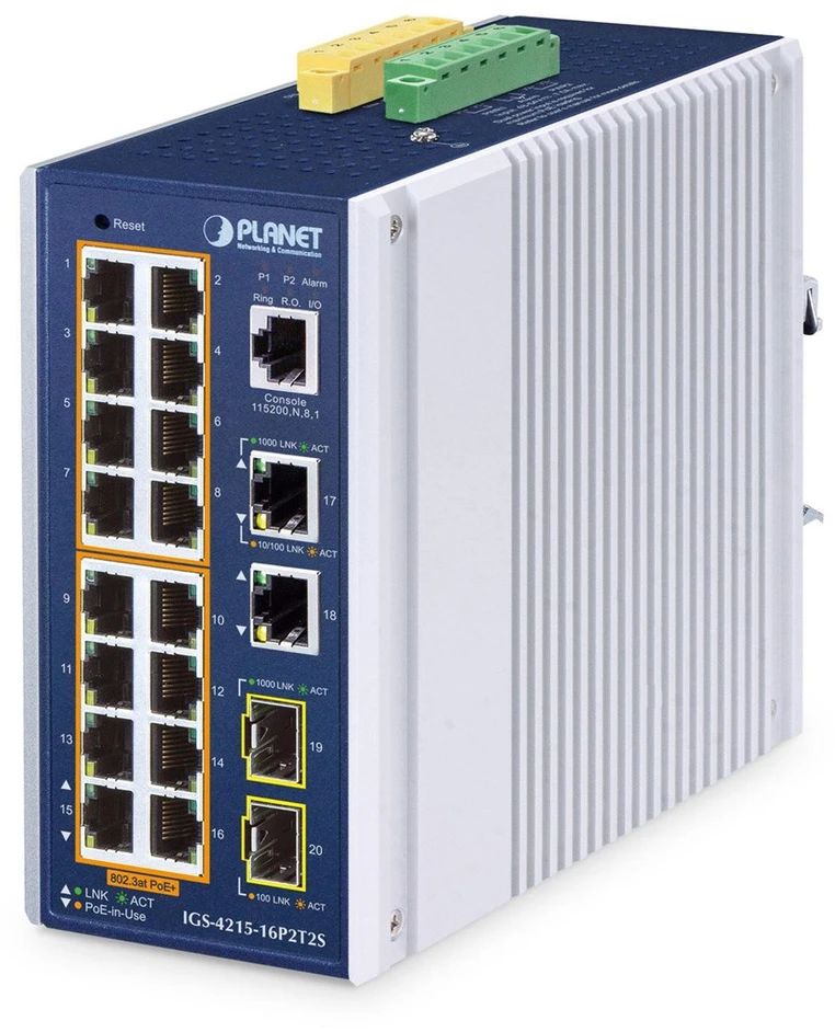 Šakotuvas Carruzzo PLANET IP30 Industrial L2/L4 16-Port Valdomas L2/L4 Gigabit Ethernet (10/100/1000) Maitinimas per Eternetą (PoE) Aliuminis, Mėlyna