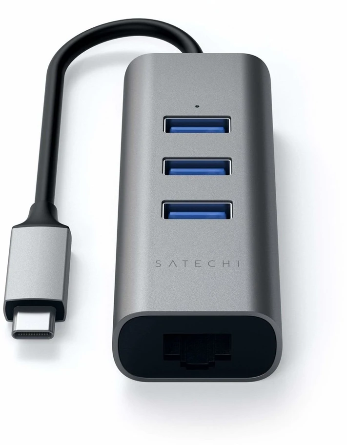 SATECHI Type-C 2-in-1 USB 3.0 aliuminio 3 prievadų šakotuvas ir Ethernet prievado erdvė pilka