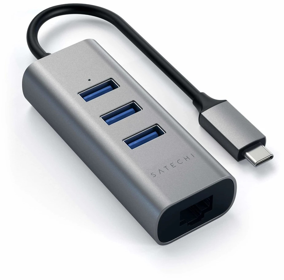 SATECHI Type-C 2-in-1 USB 3.0 aliuminio 3 prievadų šakotuvas ir Ethernet prievado erdvė pilka