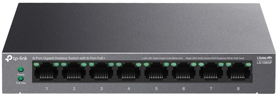 Šakotuvas Carruzzo TP-Link LiteWave LS108GP tinklo komutatorius Ne-valdomas Gigabit Ethernet (10/100/1000) Maitinimas per Eternetą (PoE) Juoda