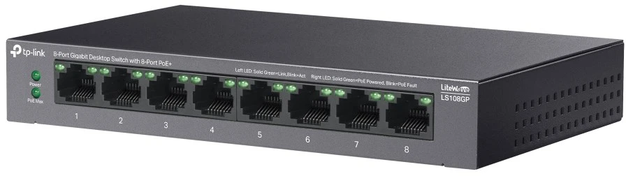 Šakotuvas Carruzzo TP-Link LiteWave LS108GP tinklo komutatorius Ne-valdomas Gigabit Ethernet (10/100/1000) Maitinimas per Eternetą (PoE) Juoda