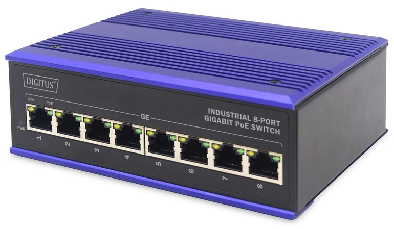 Šakotuvas Digitus ASSMANN Electronic DN-651121 tinklo komutatorius Gigabit Ethernet (10/100/1000) Maitinimas per Eternetą (PoE) Juoda, Mėlyna